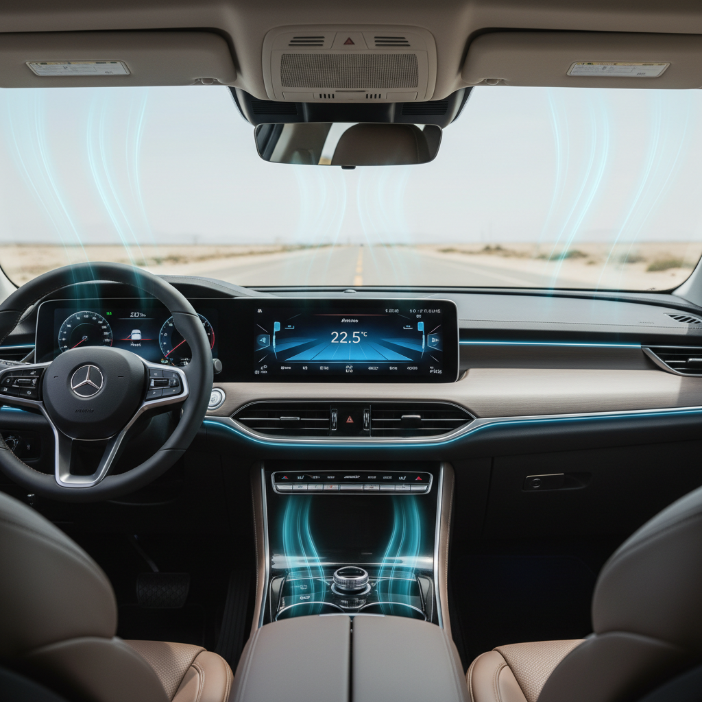 Car AC vents blowing cold air, interior shot of vehicle dashboard