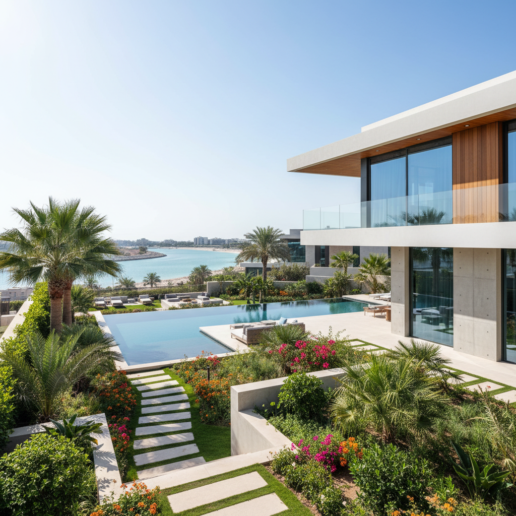 Luxury villa with private pool and golf course views on Yas Island, lush green surroundings, modern architecture