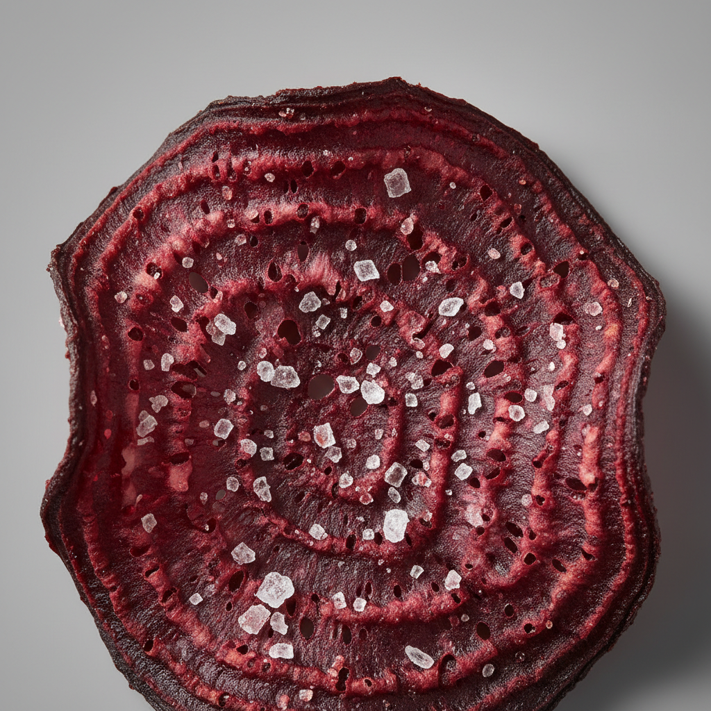 Extreme close-up of beetroot crisp surface showing irregular texture, air pockets, and salt crystal deposits