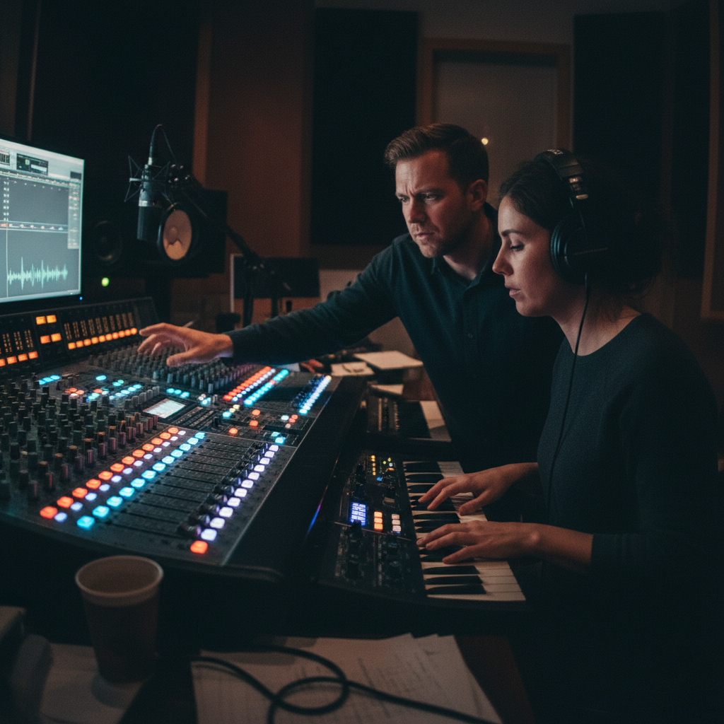 Studio session lit only by mixing console glow, producer and artist collaborating