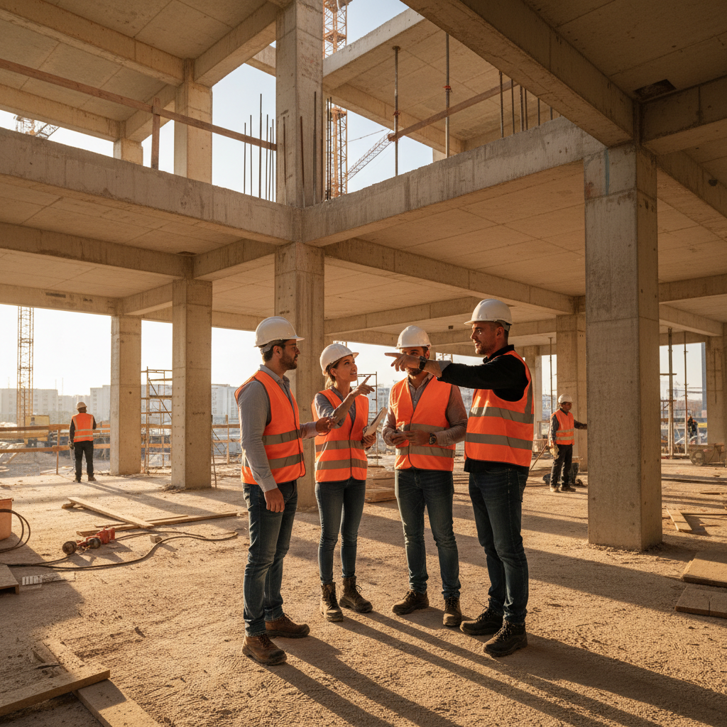 Professional contractor inspecting home construction work, bright well-lit interior, clean white walls, natural light streaming through windows