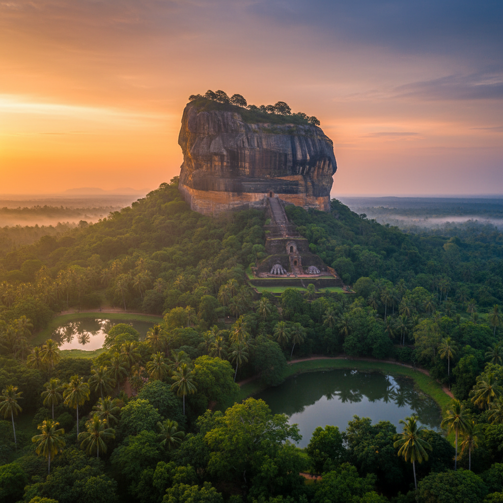 Sigiriya Rock Fortress aerial view Sri Lanka, UNESCO site, lush jungle surroundings, dramatic sky