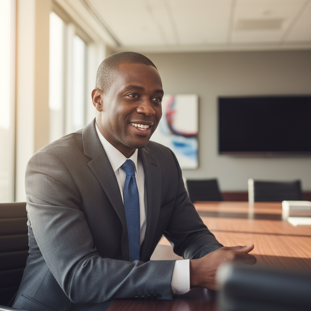 Professional Black male GFI's Health Care Division advisor in business attire, warm confident smile, modern office background