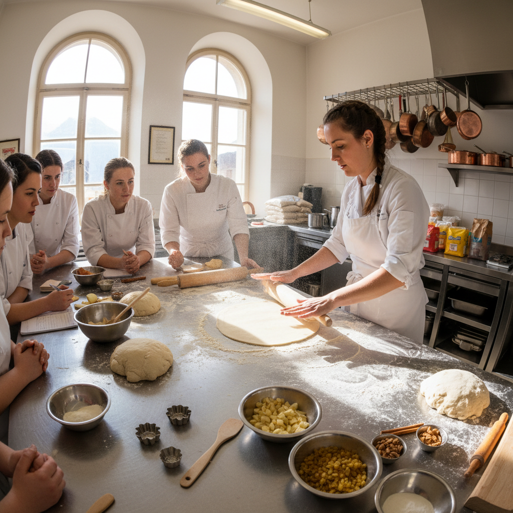 Pastry class in session with students working at kitchen benches under warm lighting
