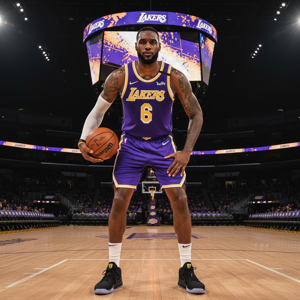Purple and gold Lakers basketball jersey hanging in dark arena with spotlight above
