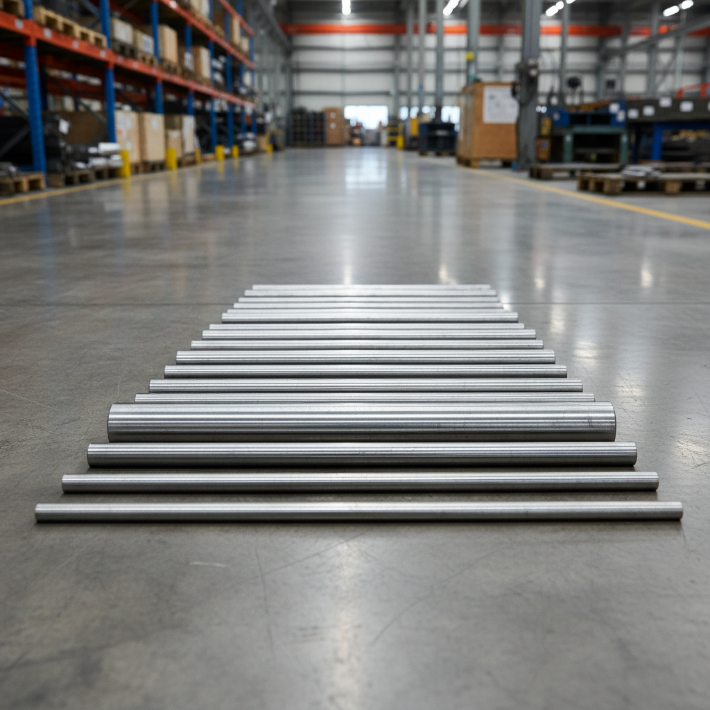 Bright silver aluminum wire rod coils stacked in industrial warehouse, clean metallic surface