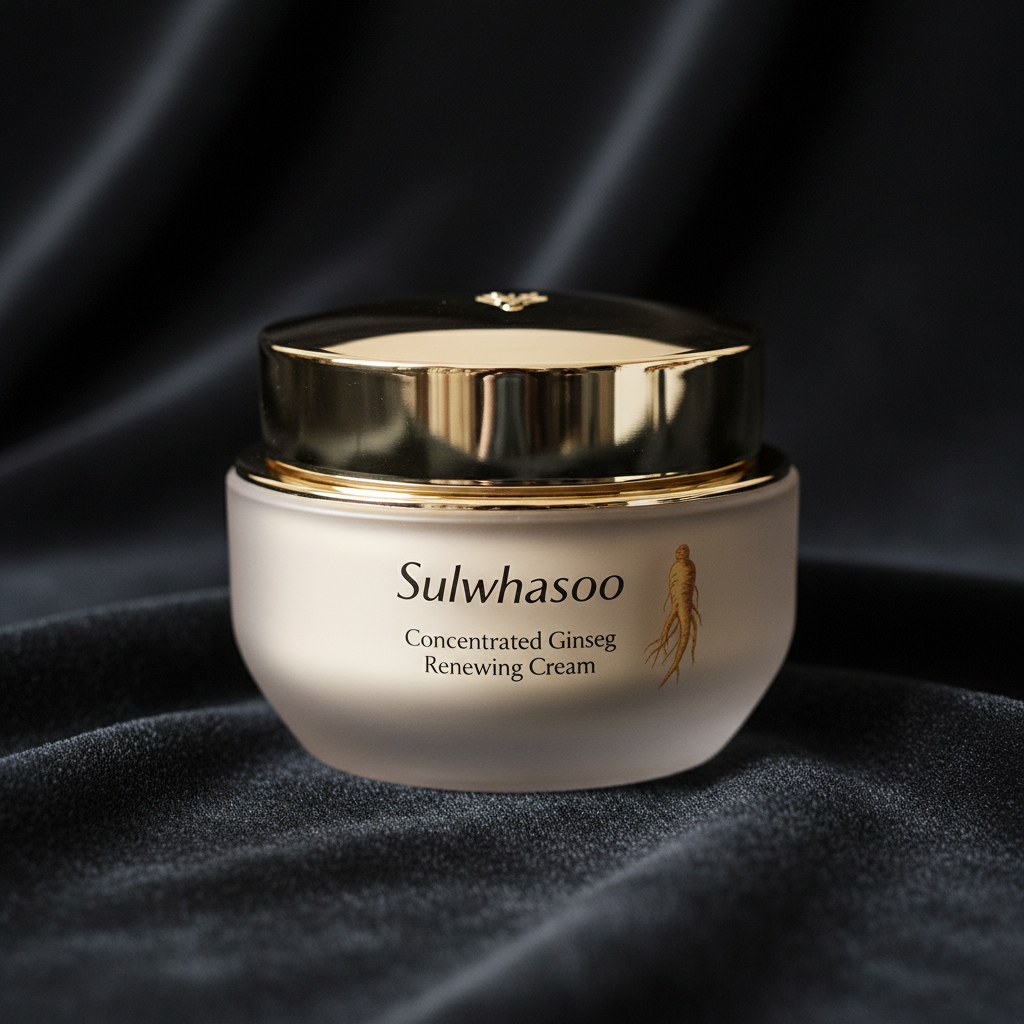 Sulwhasoo ginseng cream jar on dark velvet surface