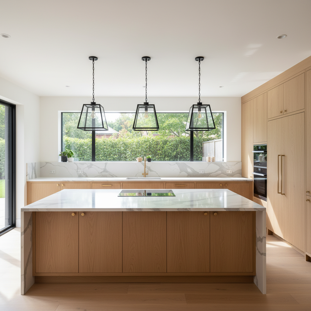 Model home kitchen with quartz countertops and custom cabinetry