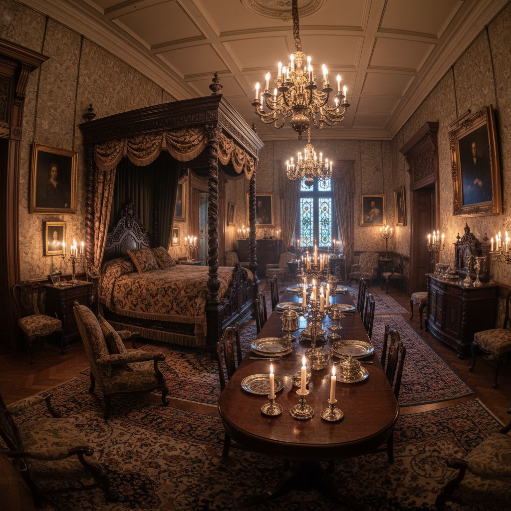 Dark mysterious mansion interior with dim lighting and shadowy corridors