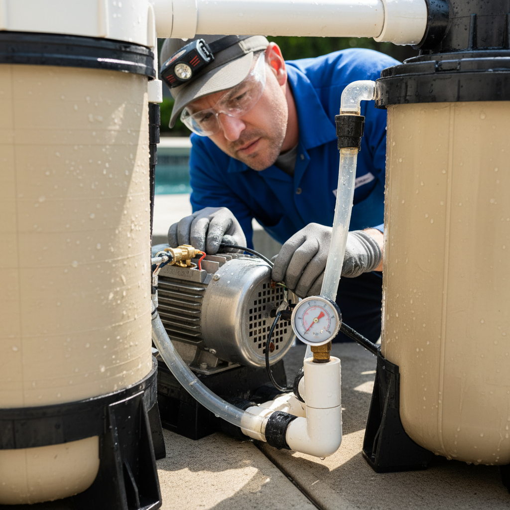 Pool pump and filter equipment being serviced by technician, mechanical components visible