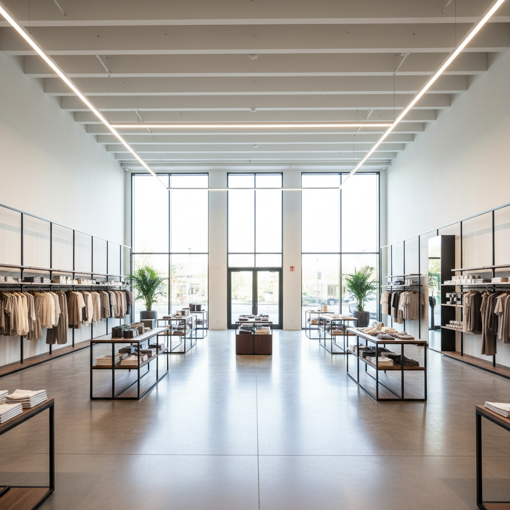 Commercial retail space interior with open floor plan and large rear windows in mixed-use development