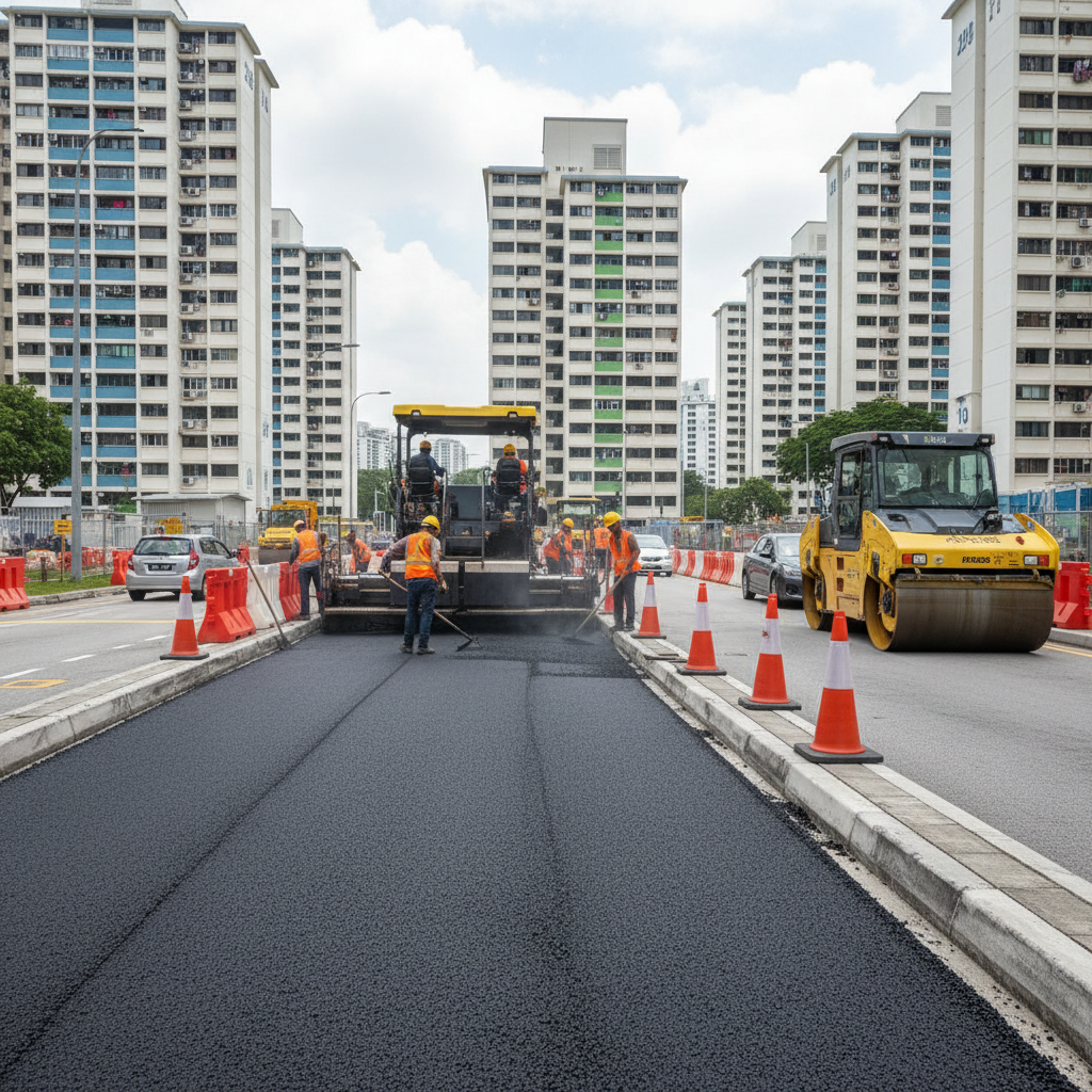Paving work at HDB estate service road with traffic management cones and residential blocks in background