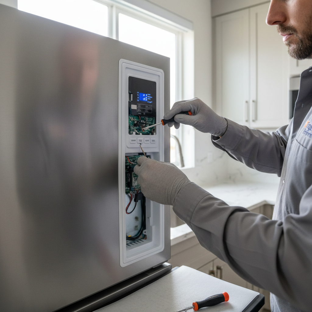 Stainless steel refrigerator in a dark kitchen, interior light casting a blue-white glow through a cracked door, technician's hand reaching for the thermostat