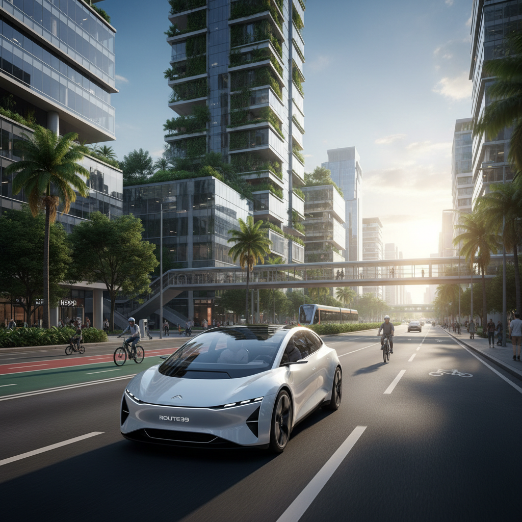 White electric SUV parked on a clean urban road with modern city buildings in the background, daylight
