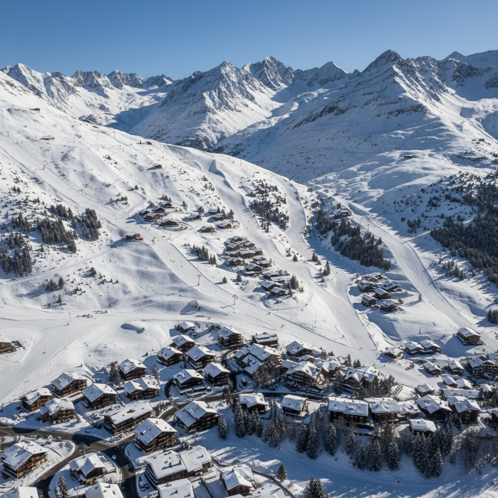 Aerial view of Verbier ski resort with snow-covered Alps and traditional Swiss chalets