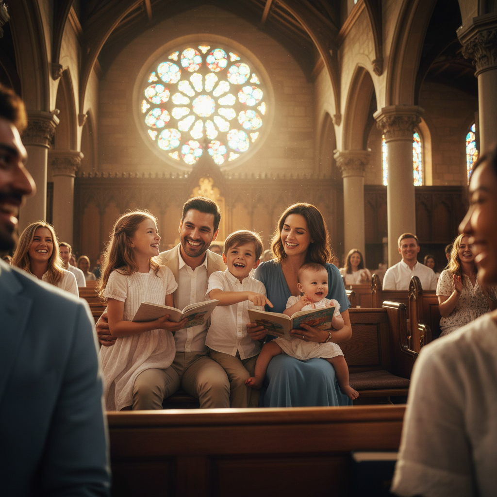 Famille multiculturelle heureuse en église, familles africaines et européennes ensemble, atmosphère chaleureuse
