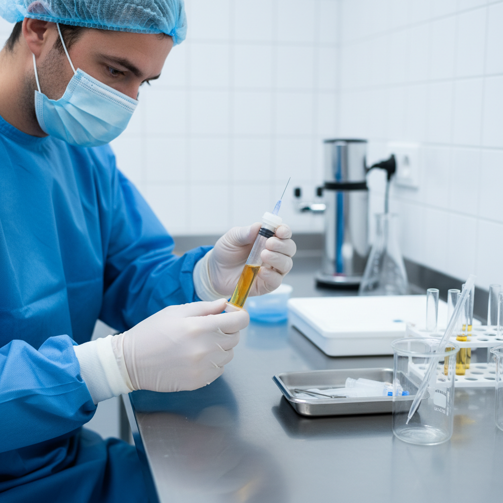 Medical professional preparing PRP plasma treatment in a sterile clinical environment with modern equipment