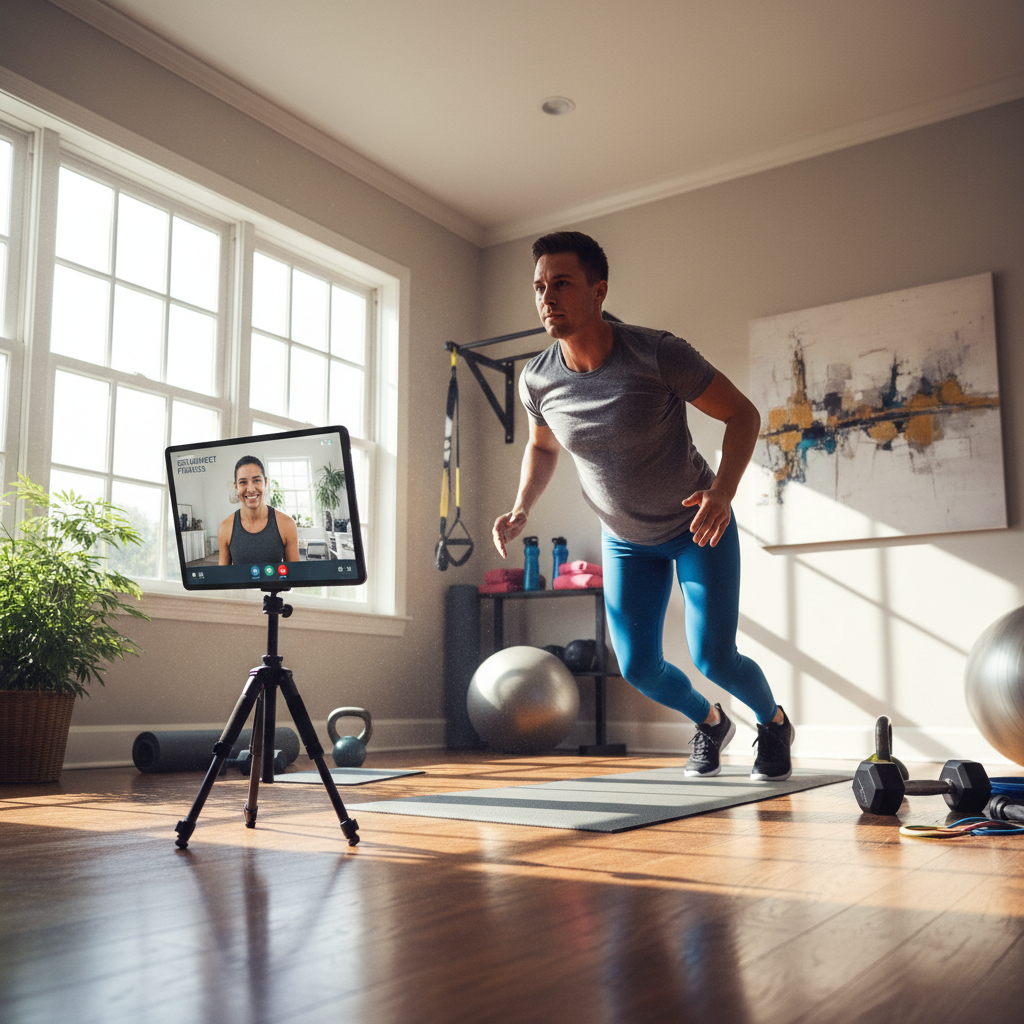Woman exercising on a mat while following guidance on a tablet in a home setting