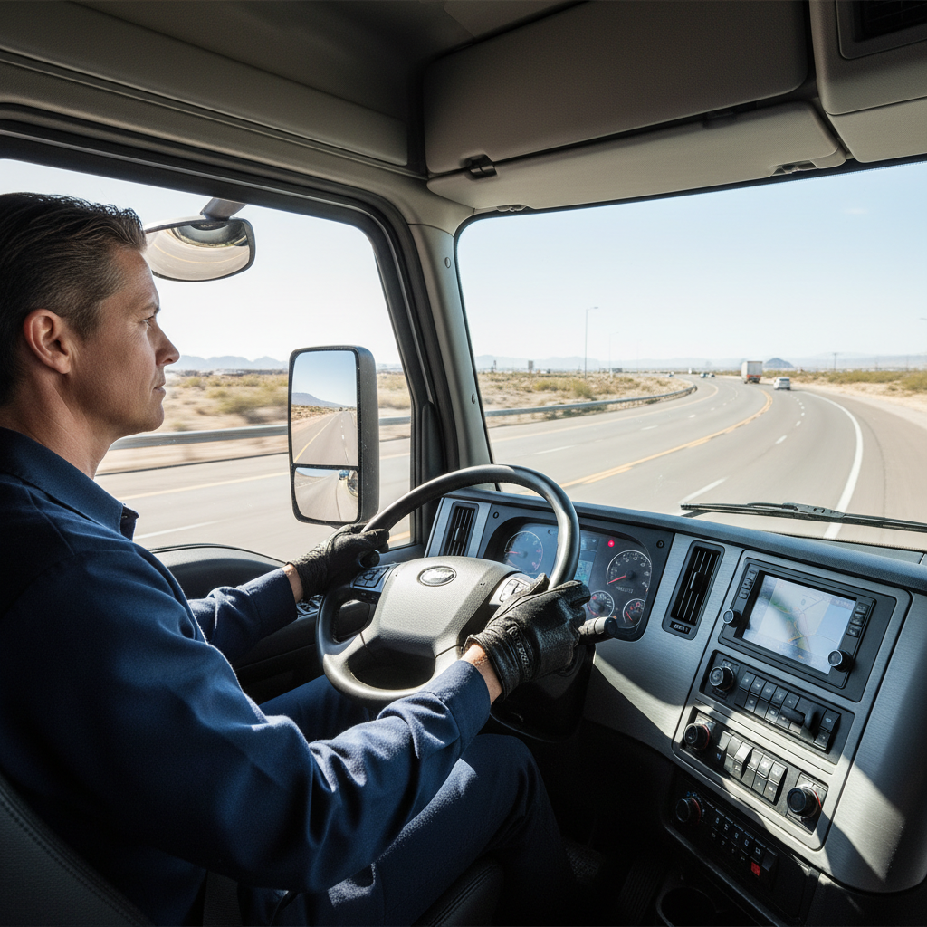 Professional freight transportation truck on open highway, commercial freight carrier