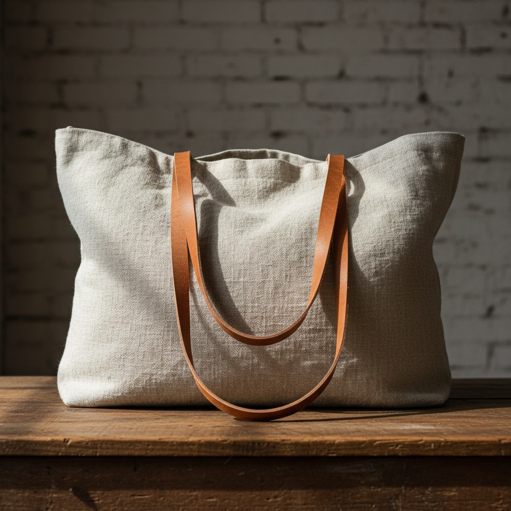 Large oversized linen market tote with raw leather handles resting on a weathered wood surface, driftwood white colorway