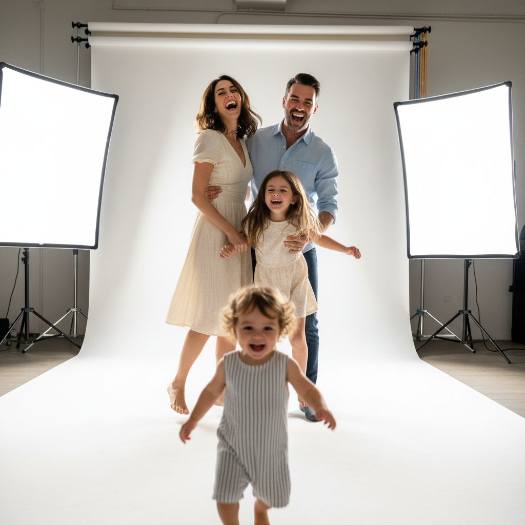 A family mid-session laughing together, toddler running under bright studio lights