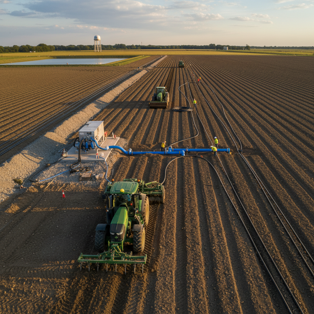Aerial view of irrigation system across large agricultural field