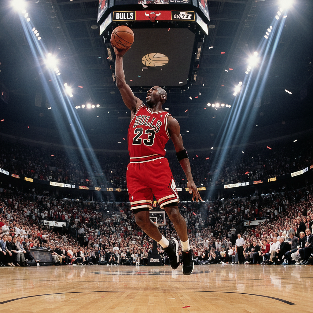 Red Chicago Bulls basketball jersey in dark arena setting with dramatic overhead spot lighting