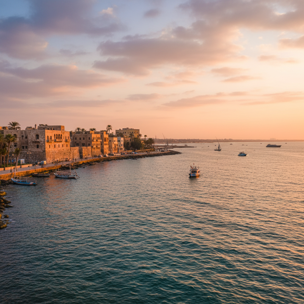 Alexandria Egypt Mediterranean coast at golden hour, historic buildings along waterfront, warm sunset light on water