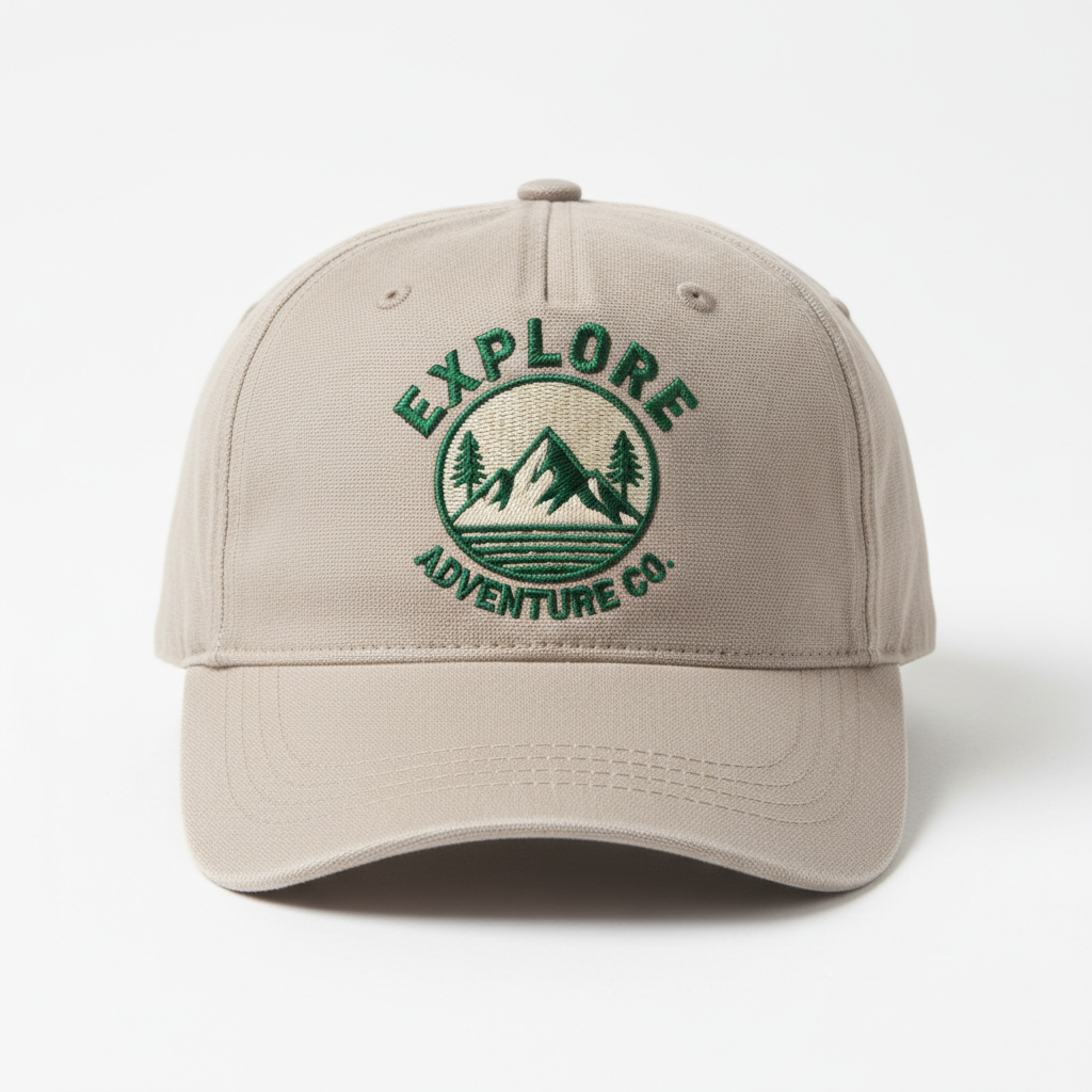 Stone canvas cap front panel showing embroidery