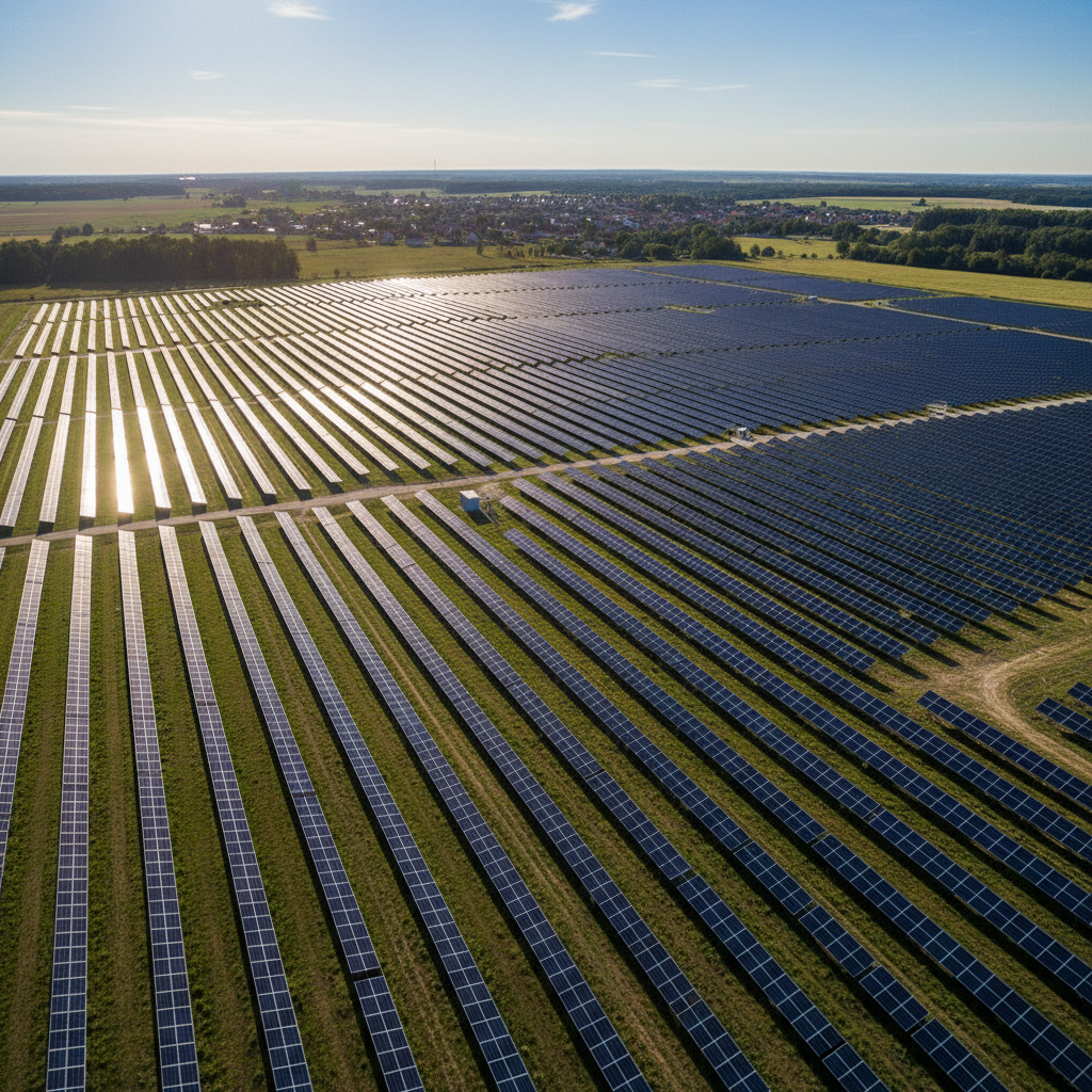 Großer Solarpark mit Photovoltaik-Modulen in einer grünen Landschaft, Deutschland