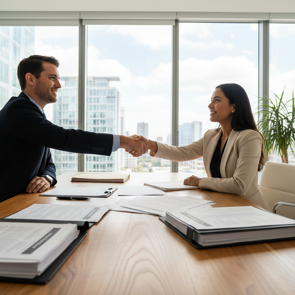 Deux personnes se serrant la main lors d'une signature de contrat immobilier sur un bureau en bois