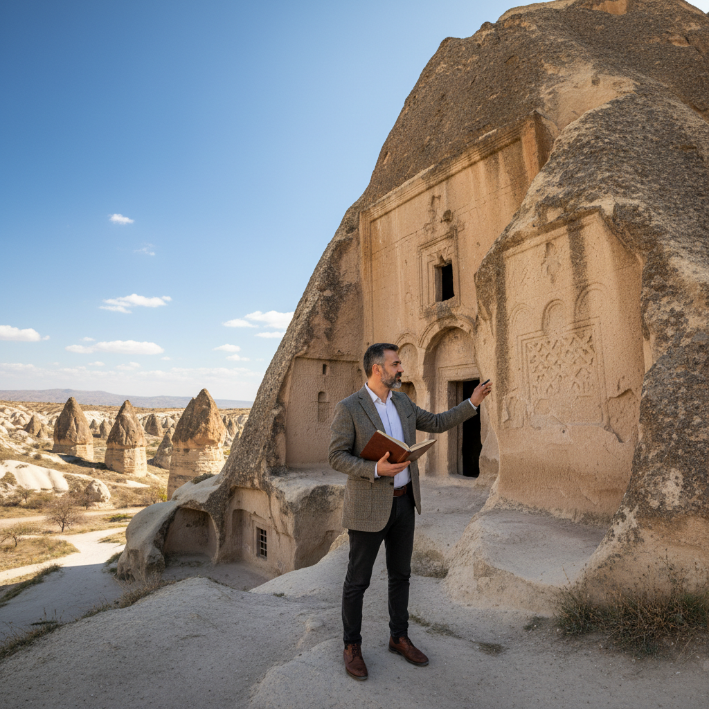 Ayşe Kaya, Turkish cultural historian, standing in front of rock-cut church in Cappadocia