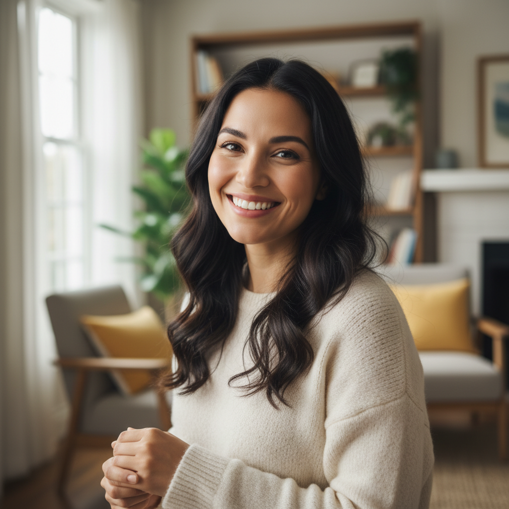 Priya Nair, smiling parent with dark hair in a bright indoor setting