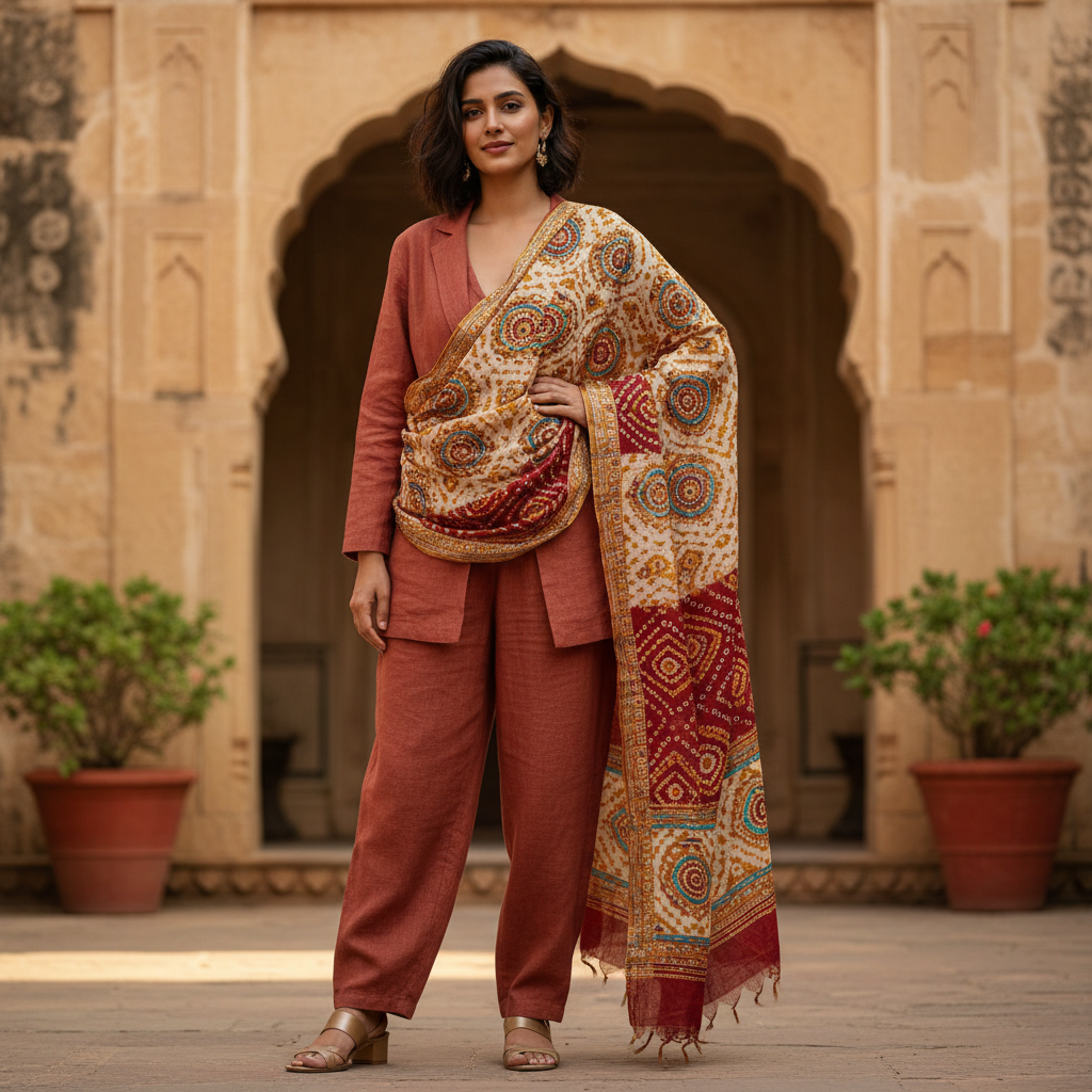 Woman in handwoven Khadi saree, warm natural lighting, cream and ochre fabric, traditional Indian textile