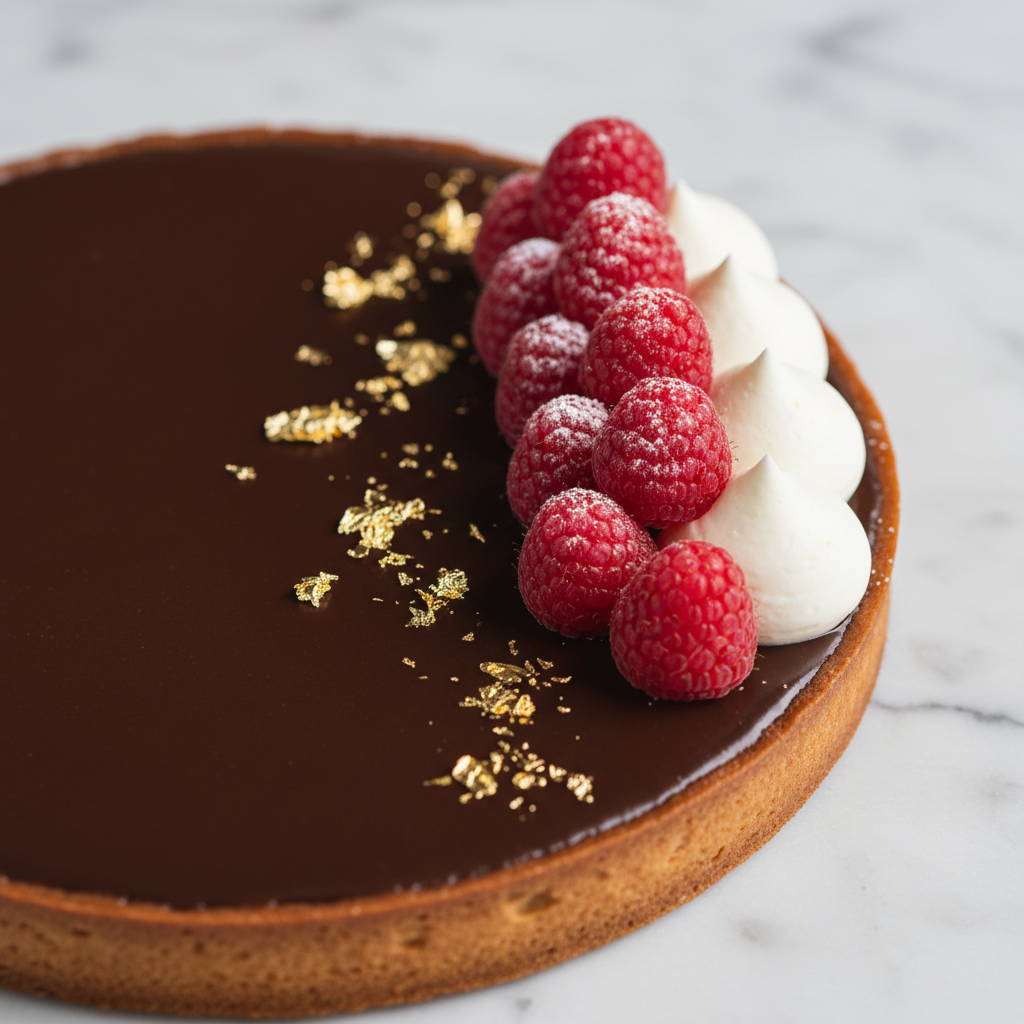 Chocolate raspberry tart with gold dusting and fresh raspberries on white ceramic plate