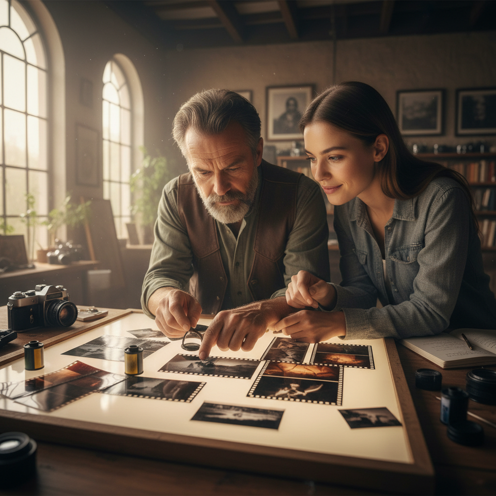 Photographer and mentor looking at film prints together at a retreat table, connection and warmth