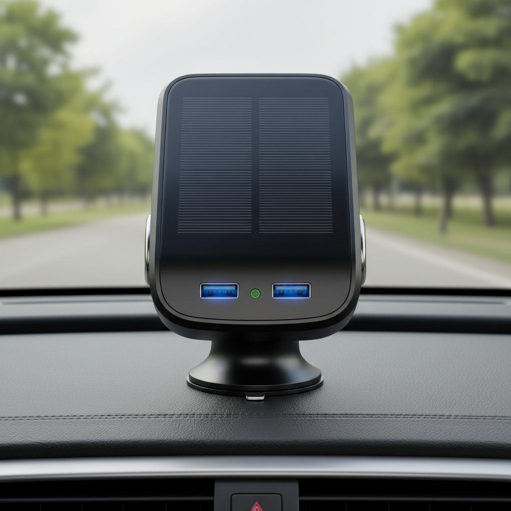 Car phone charger dual USB port, black car accessory on dark background