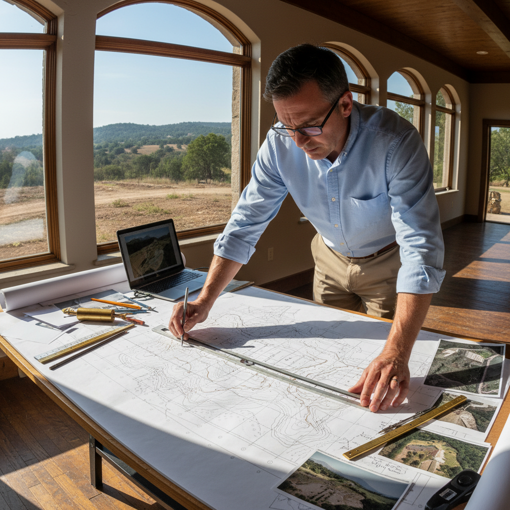 Landscape architect reviewing topographic survey drawings on a drafting table with measuring tools and site photographs