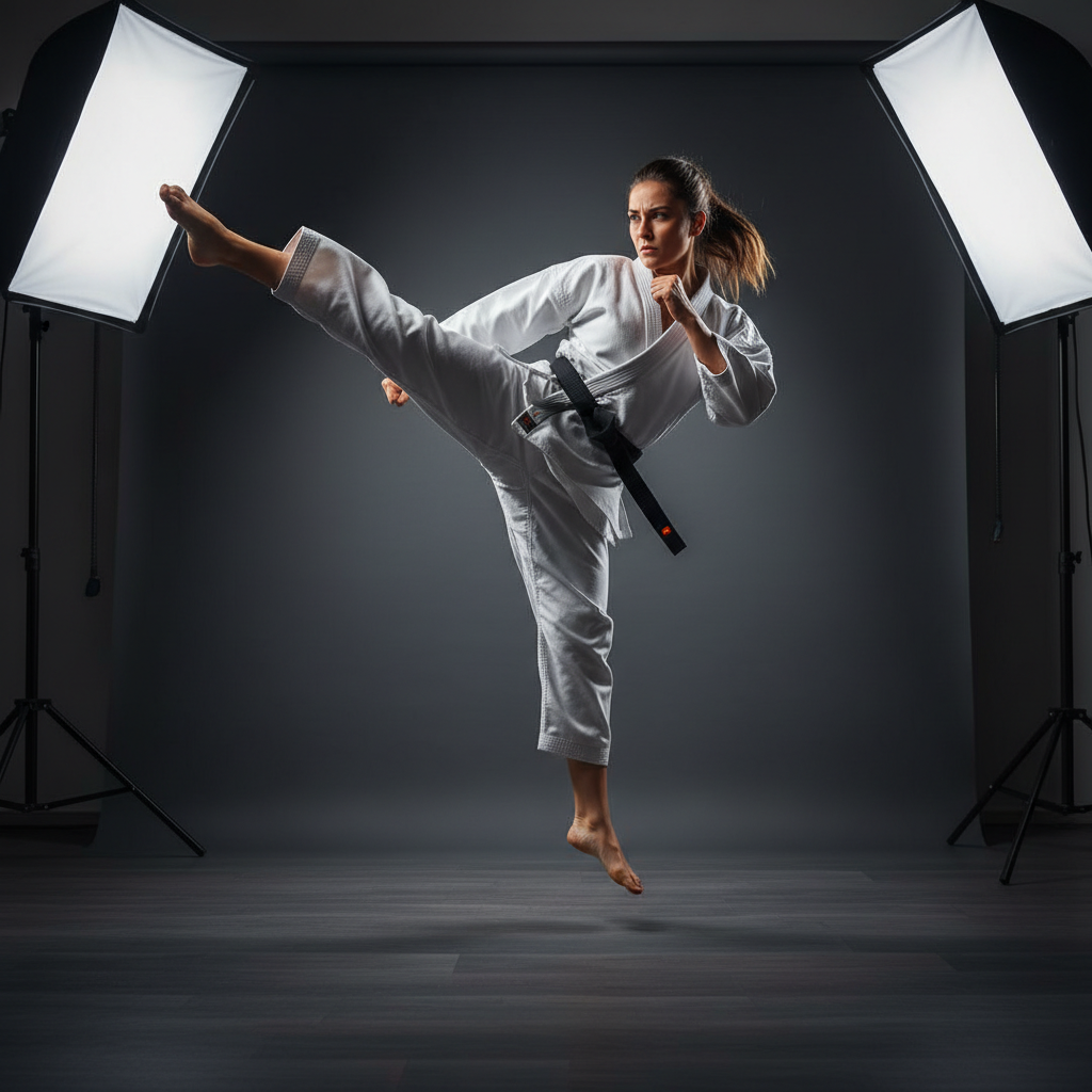 Turkish female martial artist in white uniform demonstrating advanced technique with determination and skill