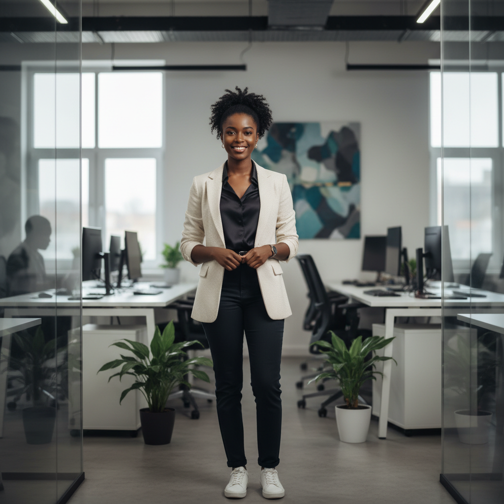 Nigerian entrepreneur reviewing financial reports at desk, bright natural light, clean modern workspace, focused expression
