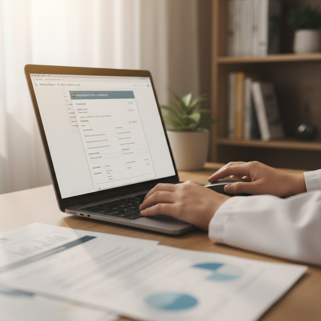 Medical professional typing on laptop with code and data on screen in a bright office environment