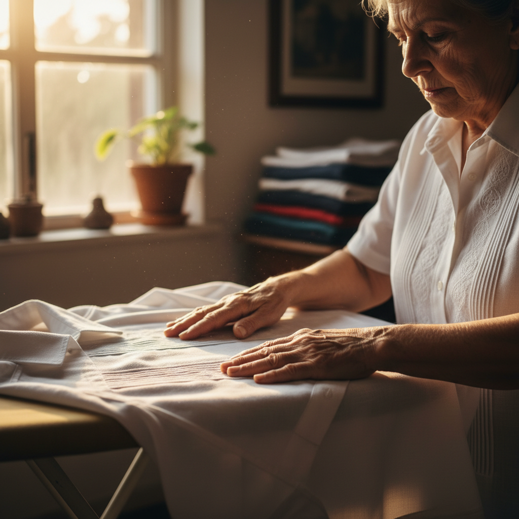 Abuela pressing a guayabera by hand in a sunlit kitchen in Miami