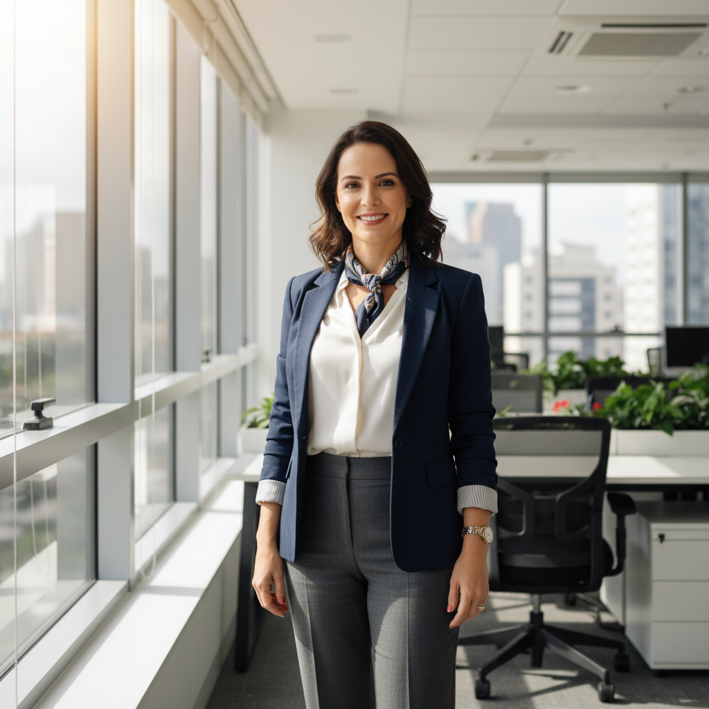 Professional businesswoman with blonde hair in navy blazer smiling confidently in modern office