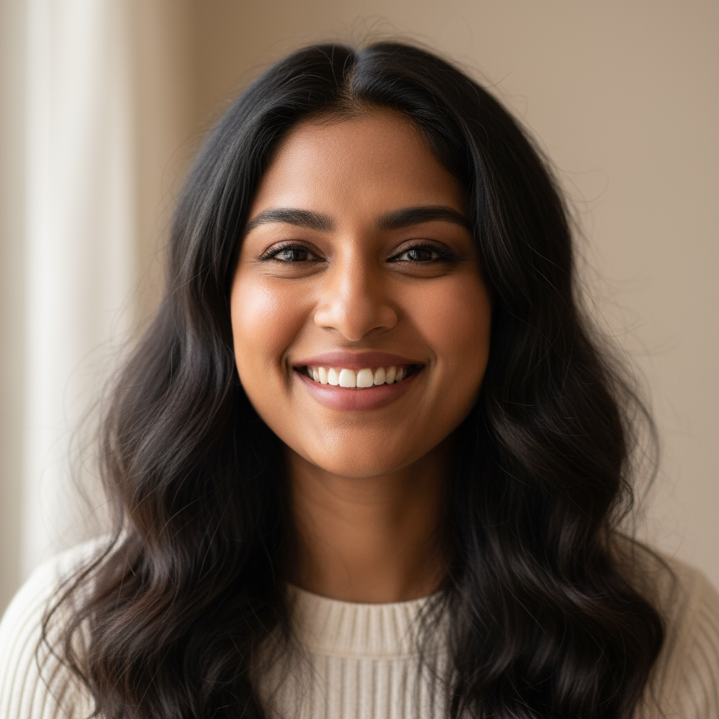 Portrait of a South Asian woman smiling warmly, professional photo with soft background