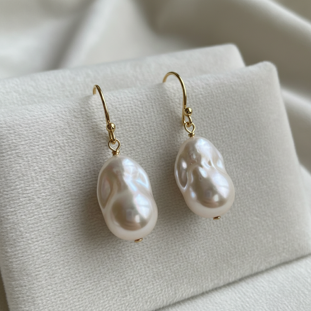 Baroque pearl drop earrings on dark velvet background