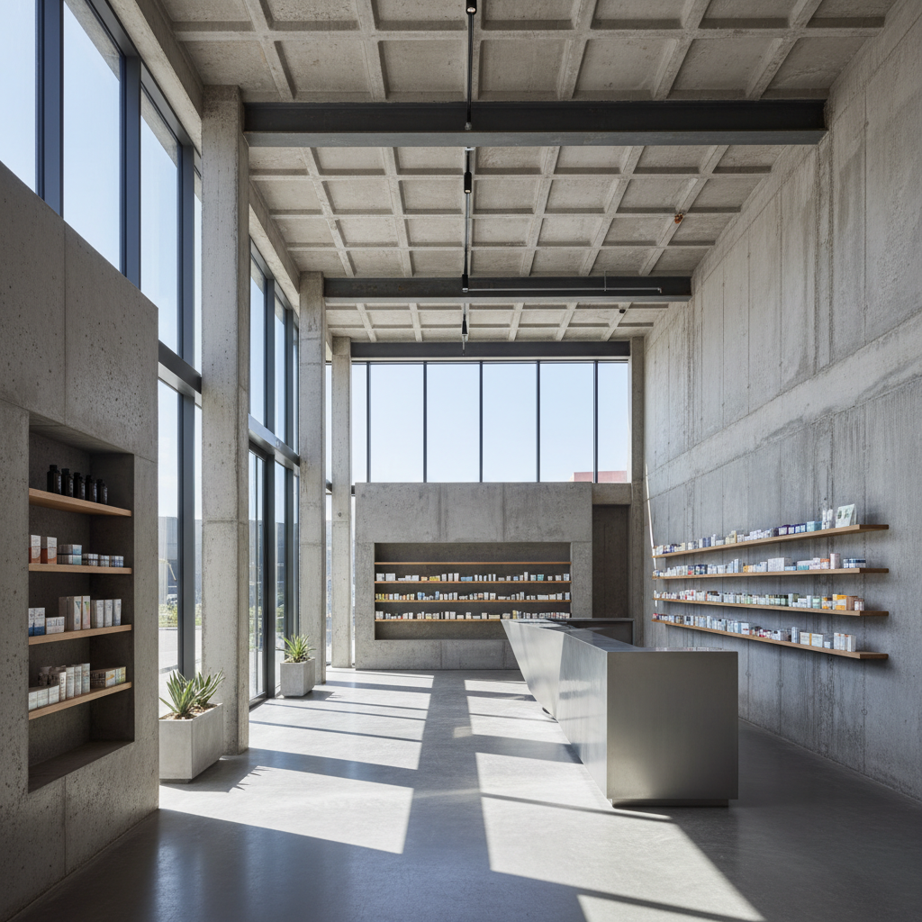 Modern brutalist independent pharmacy with exposed steel and concrete in Chicago