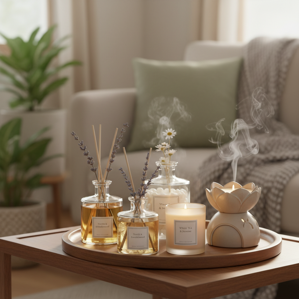 Cozy home interior with warm amber candles, reed diffuser on wooden shelf, soft natural light through linen curtains