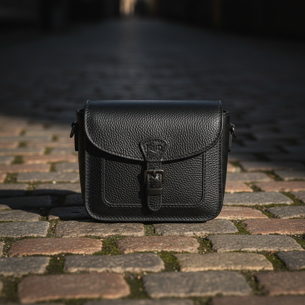 The Field compact camera bag in carbon black leather worn on cobblestone street