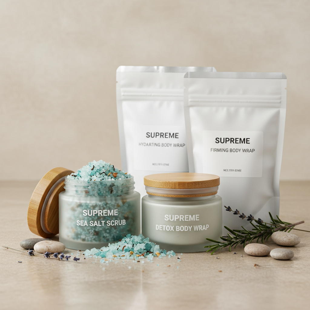 Supreme skincare package with sea salt scrub and body wrap treatments