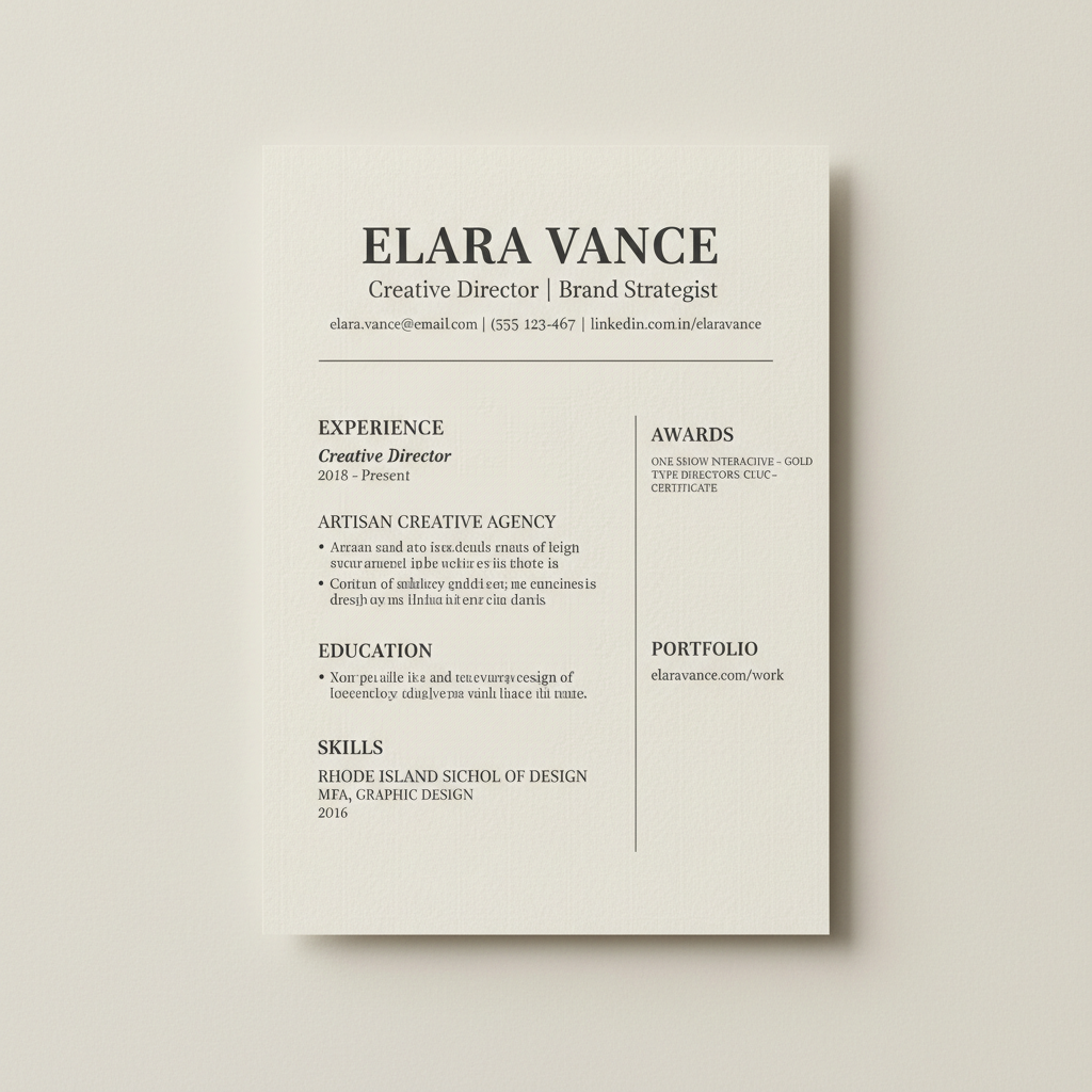 Elegant single-page résumé layout with precise typographic hierarchy on cotton stock paper